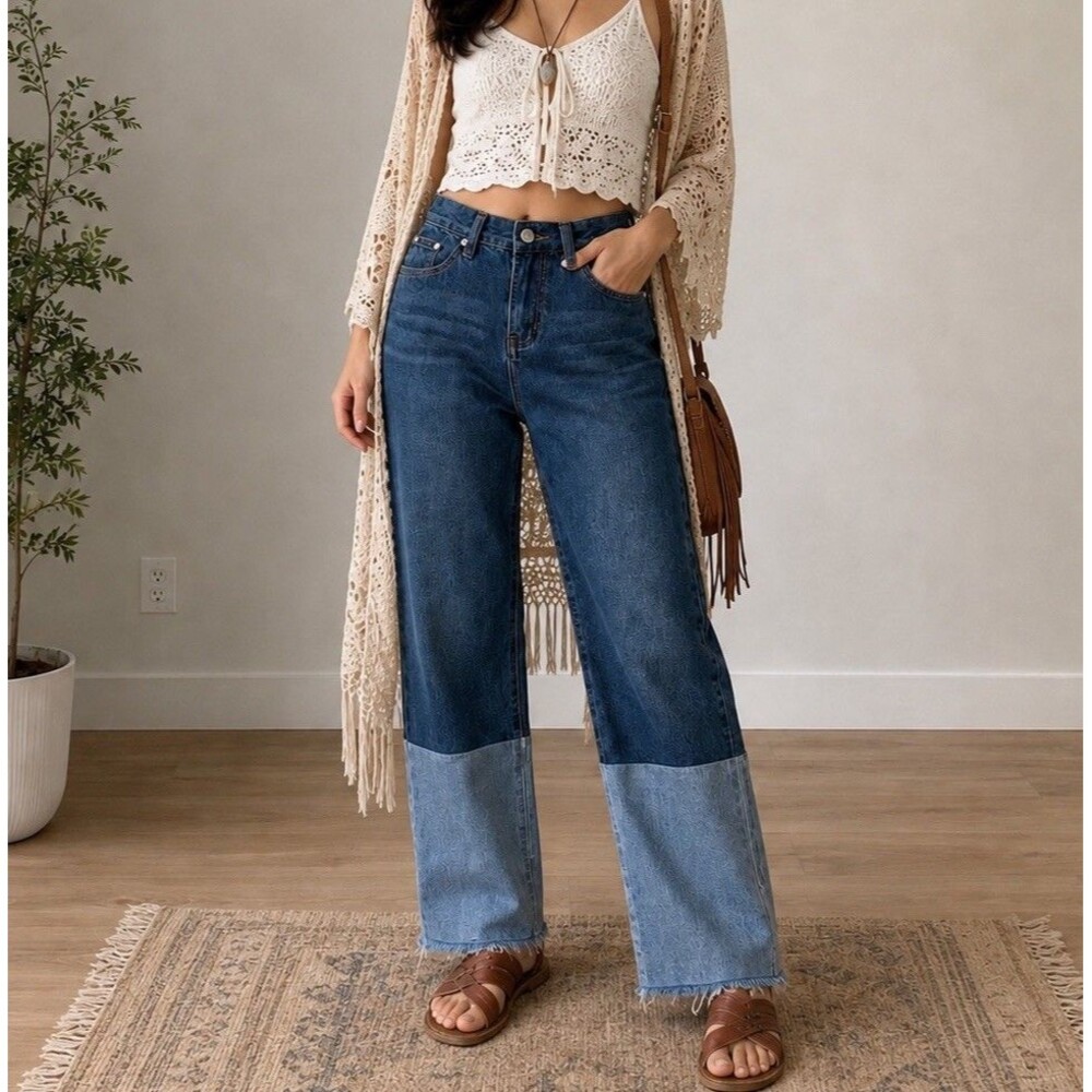 POL Women’s Denim Jeans 2 Toned Boho Ankle-Length Size Small 28” Waist Frayed